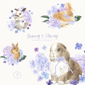 Sommer Hase Hortensien Clipart - Aquarell Kaninchen, Pastell Blumen, Baby Party & Kinderzimmer Kunst Baby Tier Clip Art - Printable Häschen - PNG