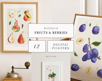 Watercolor Fruits Poster Summer Digital Prints Berry Strawberries Plums Currants Pear Blueberries Harvest Food Juicy Sublimation