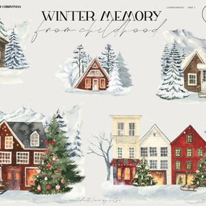 Watercolor Winter Cottage Clipart Christmas Houses Logo Landscape Forest Snowy Mountains Building clip art sublimation png