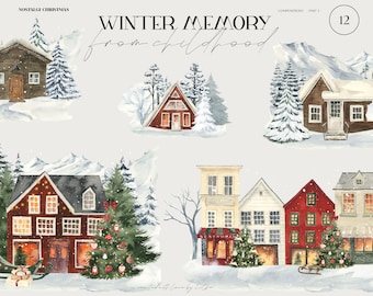 May include: Watercolour illustration of a winter village scene with snow-covered houses, trees, and mountains. The text "WINTER MEMORY from childhood" is written in a decorative font above the houses. The illustration is part of a collection called "NOSTALGIA CHRISTMAS".