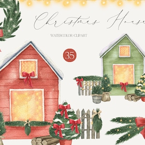 Clipart Noël aquarelle hiver maison couronne de fleurs maison feuillage à feuilles persistantes arbre de Noël guirlande village chalet confortable Logo clipart png