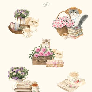 May include: Watercolor illustration featuring cats, flowers, books, and teacups. The image includes text that reads "Summer Cafe Compositions" and the number "5". The cats are depicted with fluffy fur and are surrounded by floral arrangements and vintage books.