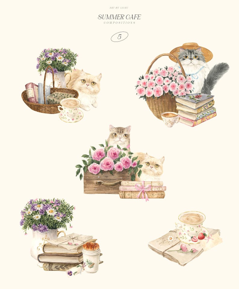 May include: Watercolor illustration featuring cats, flowers, books, and teacups. The image includes text that reads "Summer Cafe Compositions" and the number "5". The cats are depicted with fluffy fur and are surrounded by floral arrangements and vintage books.