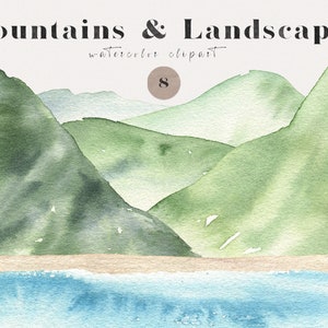 Acuarela Montañas Paisaje Clipart Tropical Greenery Hills Agua de mar para tarjeta Logo Mountain Creator Invitación de boda Clip Art png