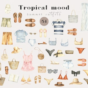 Clipart de trajes de verano de acuarela, moda bohemia, ropa para mujeres y hombres, estilo tropical, zapatos, vestidos, bikini, sombreros, camisas, imágenes prediseñadas de sublimación png