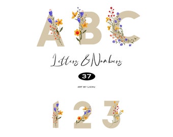 Watercolor Boho Beige Alphabet Numbers Leaves Wild Flowers Bouquets Leafy Wildflowers for Wedding Invite Typography Monogram clipart png