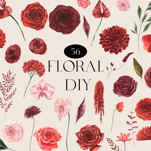 Watercolor Floral Flowers Clipart Boho Red Bouquets Wedding Flower Clip Art Burgundy Bordo Wine color Pink Green PNG