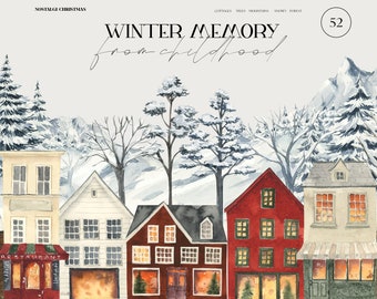 May include: A watercolour painting of a snowy winter village scene with cottages, trees, and mountains. The text "WINTER MEMORY from childhood" is written in black script at the top of the image. The number "52" is written in a circle in the top right corner.