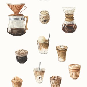 May include: Watercolor illustration of various coffee drinks and brewing methods. The image includes a pour-over setup, a Chemex, and several iced and hot coffee beverages, with the text "Coffee Aesthetic Watercolor Collection".