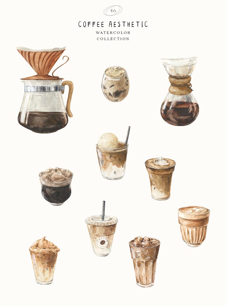 May include: Watercolor illustration of various coffee drinks and brewing methods. The image includes a pour-over setup, a Chemex, and several iced and hot coffee beverages, with the text "Coffee Aesthetic Watercolor Collection".