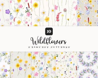 Wildflower Clipart Watercolor Dainty Wild Flower Seamless Patterns Bright floral Meadow Digital Paper Herb Pastel Scrapbook Sublimation png