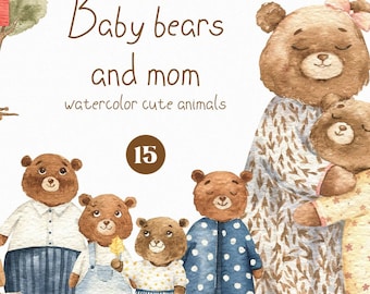 Watercolor bear woodland animal clipart Cute family bears mom and baby kids treehouse Boho baby shower bebe kids nursery clip art png