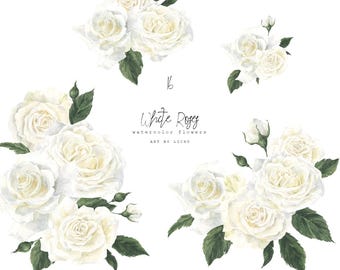 White Rose Watercolor Clipart - Elegant Hand-Painted Floral Bouquets - Perfect for Weddings and DIY Projects