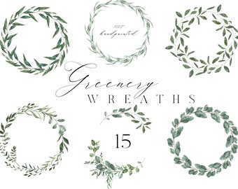 May include: A set of 15 watercolor greenery wreaths, perfect for adding a touch of nature to your designs.  The wreaths are hand-painted and feature a variety of green leaves.