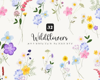 Wildflower Clipart Watercolor Dainty Wild Flower Bright floral Bouquets Meadow Herb Clip Art Logo Wedding invite Nursery Sublimation png