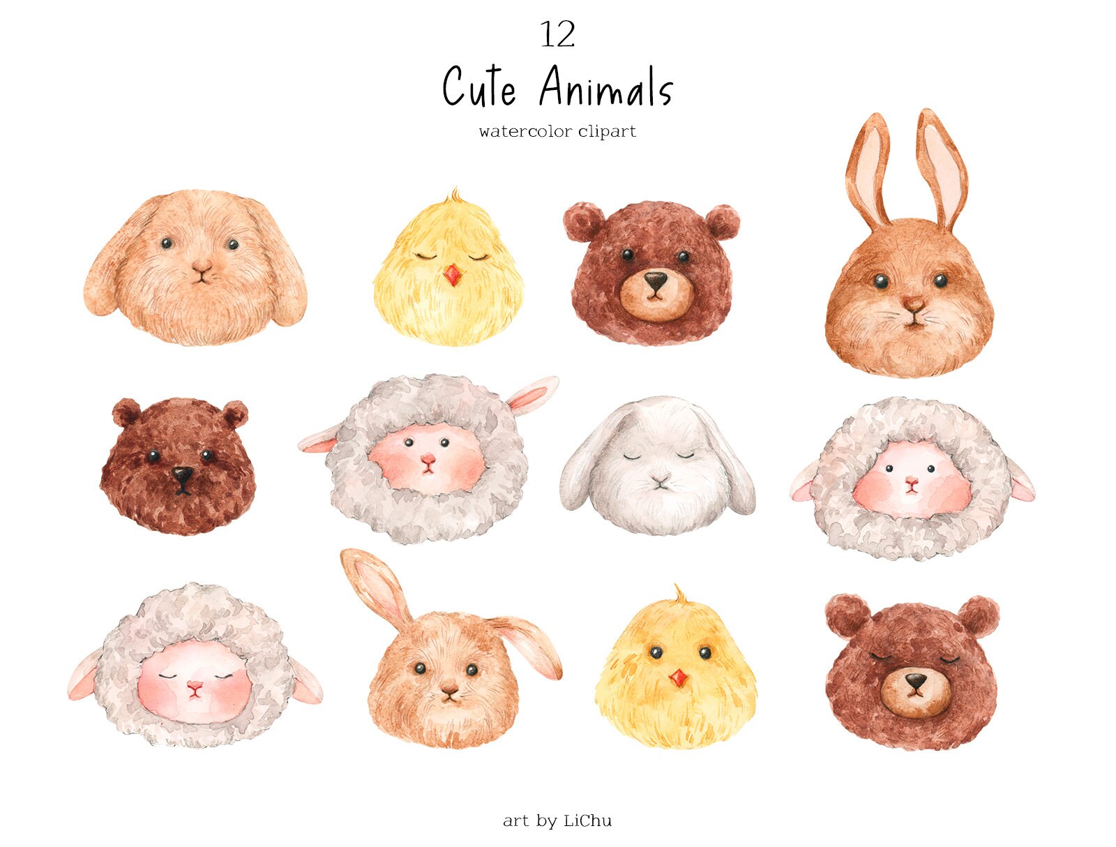 Watercolor Cute Animal Clipart Bunny Lamb Bear Chick Rabbit Sheep ...