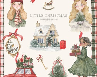 May include: Watercolor clipart featuring Christmas-themed illustrations. Includes images of girls, a house, a red car with gifts, a Christmas tree, and decorative elements. The text "Little Christmas" is also present.