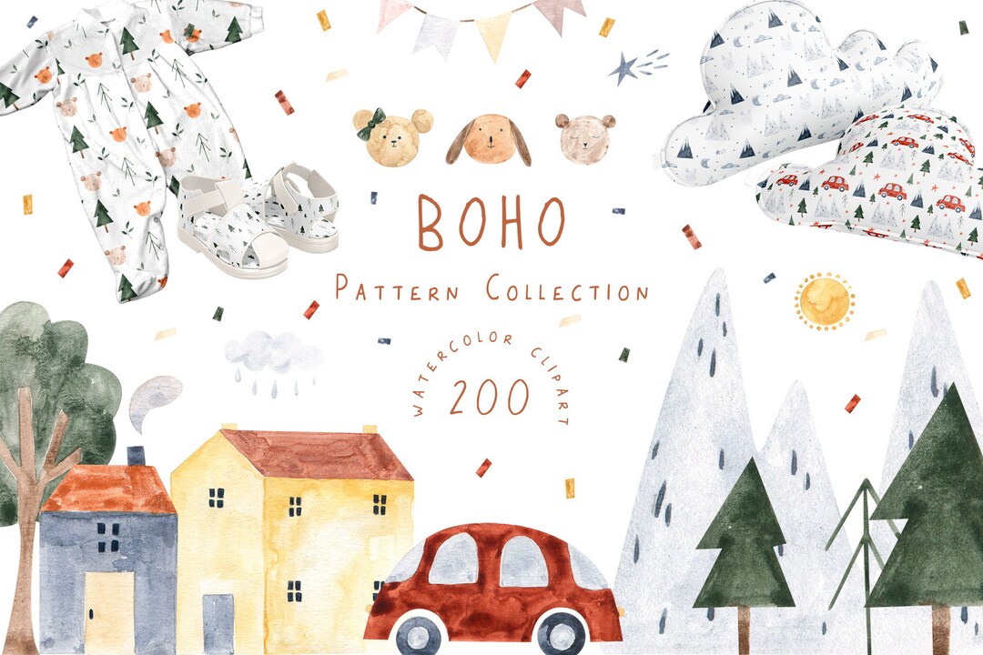 Watercolor Boho Nursery Clipart Rainbow Cute Animal Bear Bunny Woodland ...