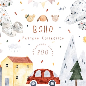 Aquarela Boho Nursery Clipart Arco-íris Bonito Animal Urso Coelho Floresta Árvore Montanhas Carro Casa Floral Crianças Ilustração Chá de Bebê png