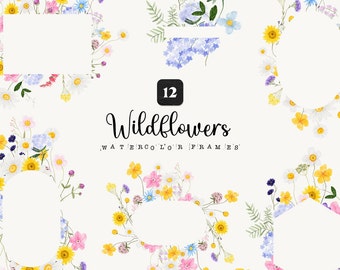 Wildflower Clipart Watercolor Dainty Wild Flower Wreath Bright floral Frame Meadow Herb Pastel Logo Wedding invite Nursery Sublimation png