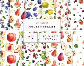 Watercolor Fruits Patterns Summer Digital Paper Berries Strawberries Plums Currants Pear Blueberries Harvest Food Juicy Sublimation png