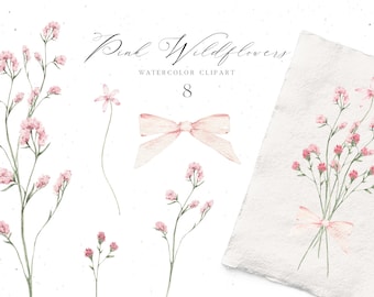 Watercolor Pink Wildflowers Clipart Delicate Meadow Floral Bouquets Wild Flowers Clip Art Blossom Arrangements png Wedding Invitation