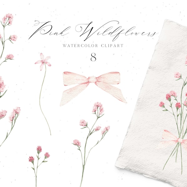 Watercolor Pink Wildflowers Clipart Delicate Meadow Floral Bouquets Wild Flowers Clip Art Blossom Arrangements png Wedding Invitation