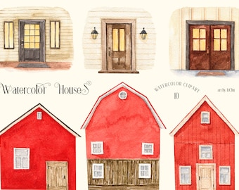 Watercolor House Clipart Wooden Farmhouse Red Barn Farm Garden Logo Cottage Sweet Home Buildings Door Sublimation clip art png