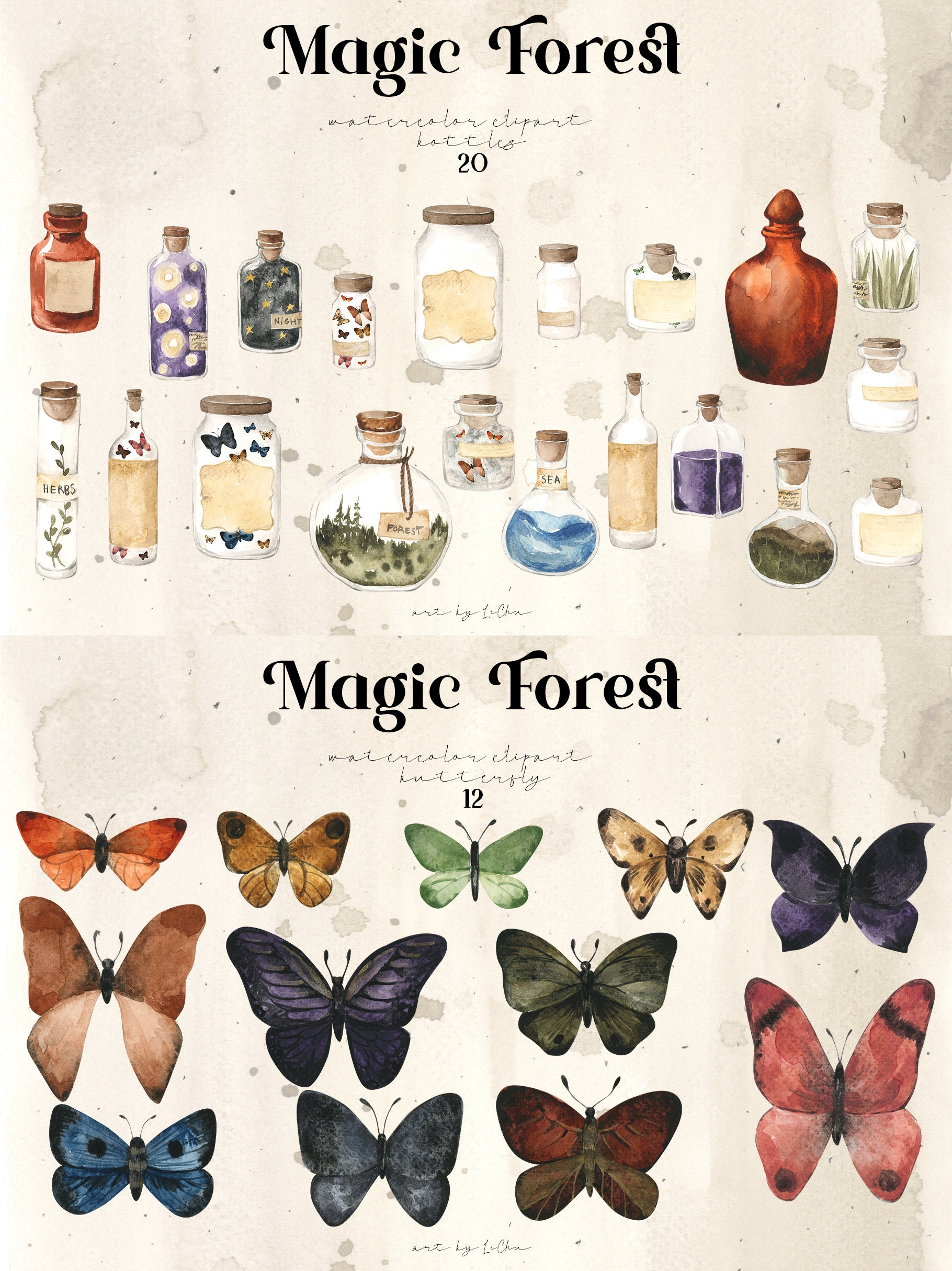 Watercolor Magic Forest Clipart Woodland Animal Fox Squirrel Deer Wolf ...