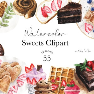 Watercolor Dessert Sweets Clipart Cupcake Pancake Cookie Brownie Waffles Smoothie Macaroon Chocolate Cake Cocktail Sublimation Clip art png