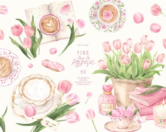 May include: Watercolor illustration featuring pink tulips, coffee cups, macarons, and books. The text "Pink Aesthetic 40" is visible. The image has a soft, romantic theme, with a focus on floral and cafe elements.