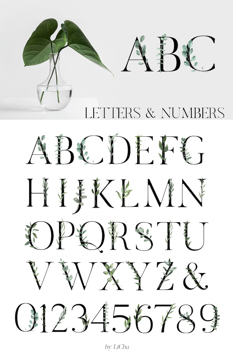 Watercolor Foliage Greenery Alphabet Numbers Leaves Branches Leafy for Wedding Invite clipart png