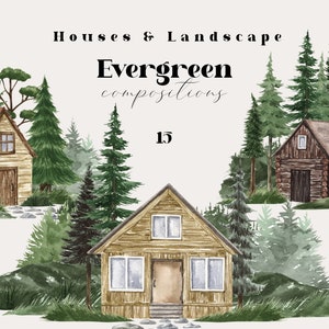 Clipart de maisons aquarelle forêt à feuilles persistantes bois chalets confortables chalets ferme maison Logo vert sapin bâtiment grange clipart png