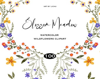 Watercolor Wildflowers Clipart Bright Flowers Meadow Wreaths Floral Frame Wedding Invitation Herbs Bouquets Alphabet Sublimation png