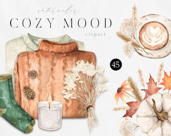 Watercolor Autumn Cozy Mood Clipart Clothes Coffee Croissant Pumpkin Candle Dried Leaves Book Flowers Fall Thanksgiving clipart png