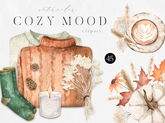 Watercolor Autumn Cozy Mood Clipart Clothes Coffee Croissant Pumpkin Candle Dried Leaves Book Flowers Fall Thanksgiving clipart png