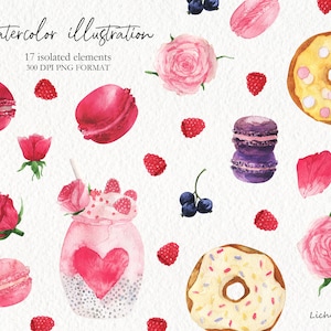 Watercolor Sweets Milkshake Donuts Macaroons Berries Flowers.