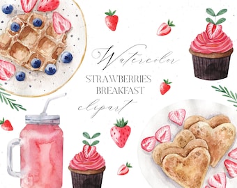 Watercolor Cupcake Pancake Heart Waffle Bakery Strawberry Fruit Breakfast Baking Food Dessert Clipart png