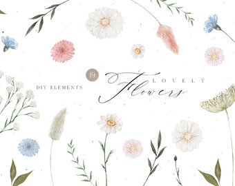 Watercolor Boho Flowers Daisy Pink Blue  Cornflower Floral wildflower Greenery DIY for wedding invite card clipart png