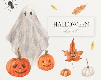 Watercolor pumpkin clipart - halloween clipart - fall leaves clipart - autumn clipart - ghost clipart -  spider clipart - PNG