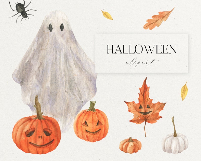 May include: Watercolor illustrations of Halloween themed elements, including a ghost, pumpkins, a spider, and fall leaves. The text "HALLOWEEN clipart" is written on a white rectangle.