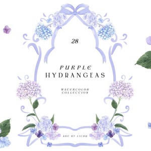 Clipart hortensias violets - Coquette aquarelle de fleurs, couronnes de fleurs romantiques, bouquets d'été, douce fleur bleue d'hortensia vintage