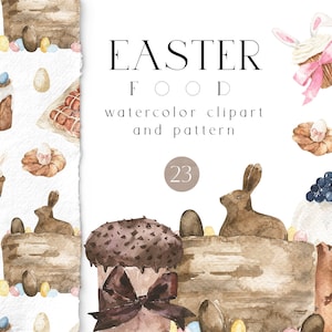 Watercolor Sweets dessert clipart Easter food bread muffin cupcake cake hot cross buns chocolate rabbit clip art png Seamless pattern jpg
