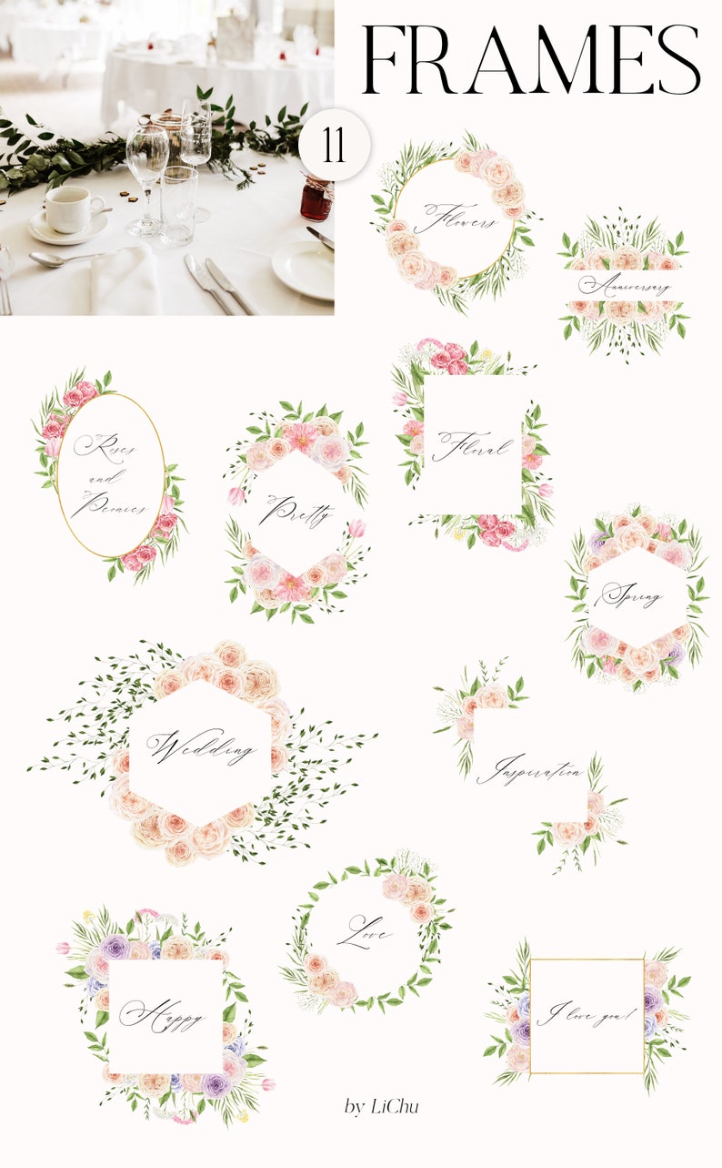 Boho Watercolor Floral Frame Rose Peon Greenery Gold Wreath for Wedding Invitation card logo clipart png