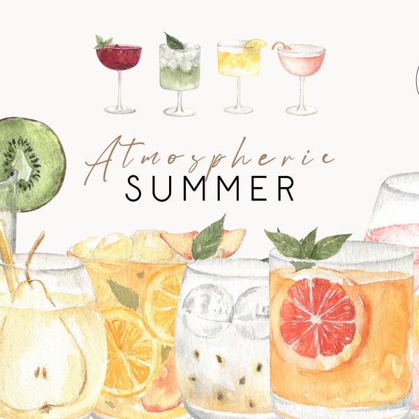 Watercolor Cocktail Clipart Tropical Drink Mix Juice Alcohol Aperol Gin Liquor Vodka Tequila Rum Bar Menu Logo Kitchen Sublimation  png