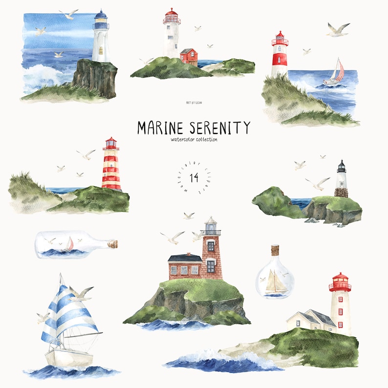 May include: Watercolor illustrations of red and white lighthouses on islands with green foliage and blue water. There are also illustrations of a sailboat, a bottle with a sailboat inside, and seagulls flying in the sky. The text "Marine Serenity Watercolor Collection" is written in the center of the image.