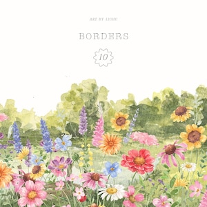 Fleurs sauvages bordures aquarelle fleurs Clipart - bordure florale - clipart fleurs sauvages - bordure clipart, fleurs des prés, clipart mariage
