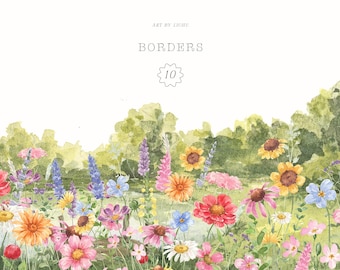 Imágenes prediseñadas de flores silvestres, bordes de flores de acuarela, borde floral, imágenes prediseñadas de flores silvestres, imágenes prediseñadas de borde, flores de campo, imágenes prediseñadas de boda