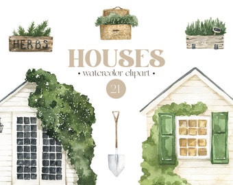 Watercolor houses clip art Summer country farm house Sweet home House drawing of a logo cottage Spring buildings plants clipart png