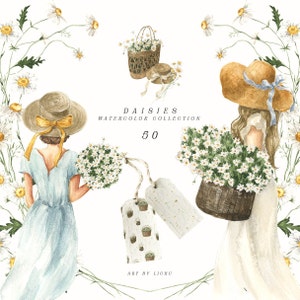 Gänseblümchen Blumen Clipart Mädchen Aquarell Wildblumen Kranz Blumenstrauß Korb mit Gänseblümchen Kunst weiße Blume Hochzeit laden Sublimation png